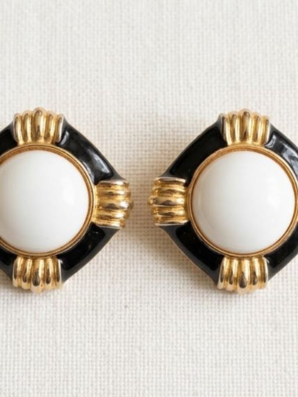 Vintage Gay Boyer Gold-Tone Black and White Round Clip Earrings